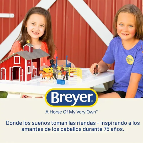 Vista 7 de Breyer Stablemates Juego de Establo Rojo con 2 Caballos – Juguetes Realistas de Caballos para Niñas de 4–8 Años, Juego de Granero con Cercas