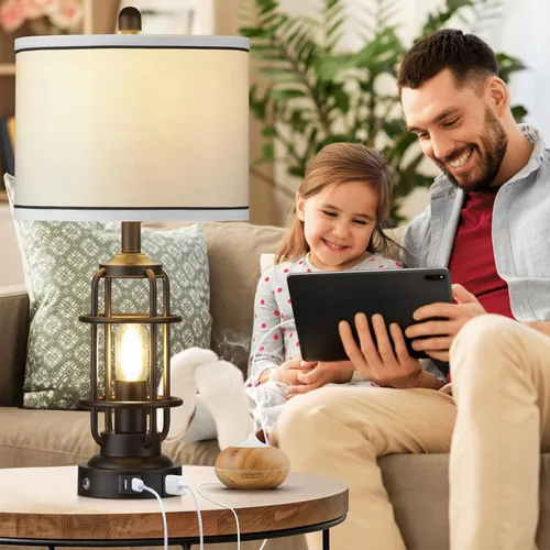 Vista 2 de Lámparas de mesa modernas, lámpara de noche industrial regulable de 3 vías con puertos USB A+C y salida de CA, control táctil, lámpara de mesita