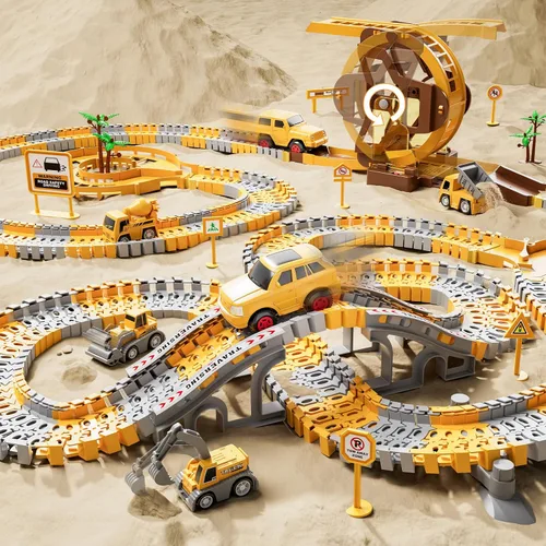 Vista 3 de iHaHa 299 piezas de pistas de carreras de construcción para niños, 6 piezas de autos de ingeniería y pista de carreras flexible crea un camino