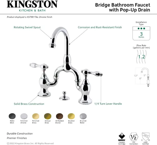 Vista 9 de Kingston Brass KS7993TAL Tudor Bridge grifo de baño emergente, latón antiguo