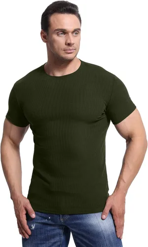 Vista 3 de Plameil Camisetas musculares elásticas de manga corta para hombre, cuello redondo, para entrenamiento de culturismo, color negro