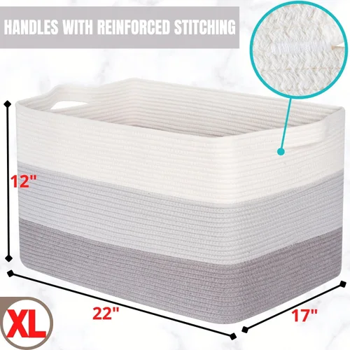 Vista 7 de MINTWOOD Design Canasta de manta extra grande de 22 pulgadas para sala de estar, canasta de almacenamiento tejida de cuerda rectangular con asas