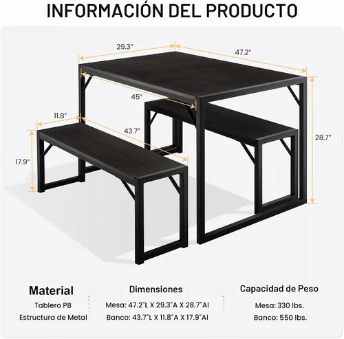 Vista 2 de SHA CERLIN Juego de mesa de comedor de cocina para 4 personas con bancos, comedor rústico pequeño que ahorra espacio, marco de metal resistente