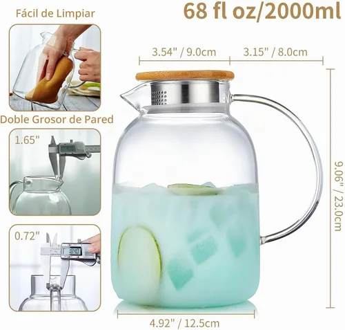 Vista 4 de Unbreakable - Jarra de vidrio con asa y tapa, tarro de vidrio de 68 onzas líquidas con tapa, resistente al calor, jarra de borosilicato para té