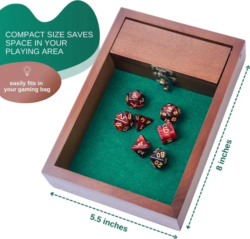Vista 2 de Bandeja rodante de madera para dados D&D con bóveda de almacenamiento de dados Pestillo de metal asegura la tapa para viajes Regalo perfecto