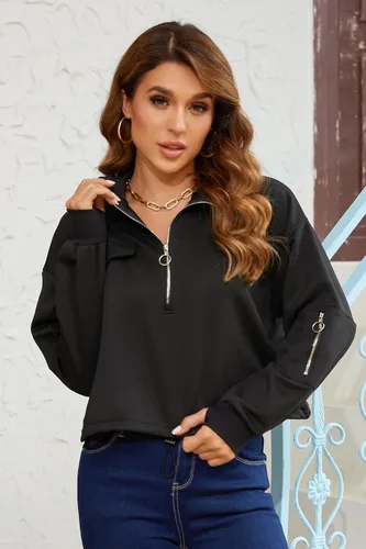 Vista 3 de SILKWORLD Sudadera corta con cremallera de un cuarto para mujer, manga larga, cuello alto, cordón ajustable, con bolsillos
