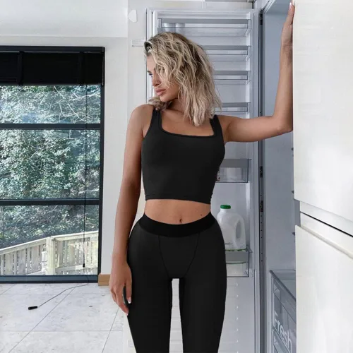 Vista 4 de ZFLM Conjuntos de entrenamiento casuales de dos piezas para mujer, camiseta sin mangas acanalada, cintura alta, leggings de yoga para uso activo