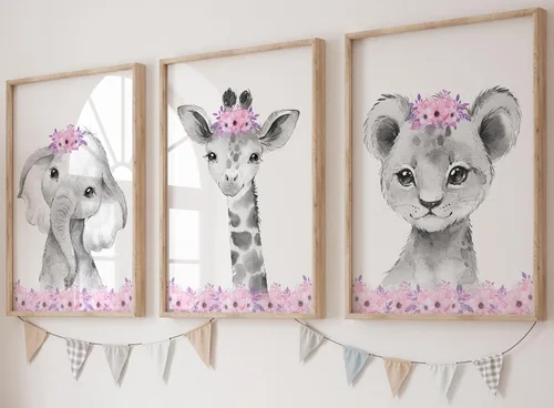 Vista 12 de Safari Animals - Juego de 3 impresiones artísticas de pared sin marco, carteles de animales grises con pajarita azul, elefante jirafa león, póster