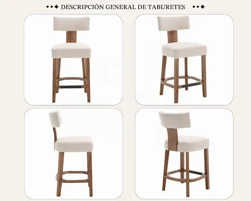 Vista 9 de Juego de 2 taburetes de bar de granja de 26 pulgadas, taburetes de bar tapizados de lino con respaldo, taburetes de bar modernos de madera con marco