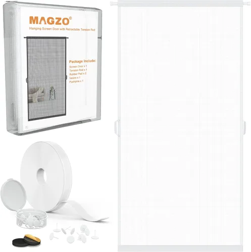 Vista 10 de MAGZO - Puerta mosquitera colgante para puertas 24" x 80" (tamaño de cortina 26" x 81"), de fibra de vidrio mejorada con barra de tensión, gancho