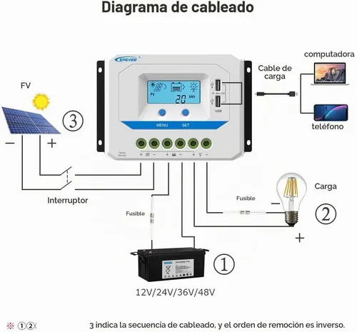 Vista 4 de EPEVER Controlador de carga solar de 10 A, regulador de carga de panel solar PWM de trabajo automático de 12 V/24 V, con pantalla LCD y potente