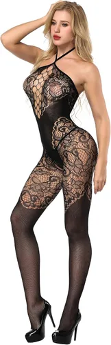 Vista 3 de Walang Lip Lencería sexy de malla de malla para mujer, vestido de liga halter