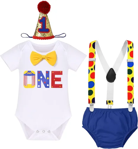 Vista 15 de IBTOM CASTLE Disfraz de carnaval de circo para el primer cumpleaños con temática de carnaval para bebé niño con tirantes y pajarita, sombrero