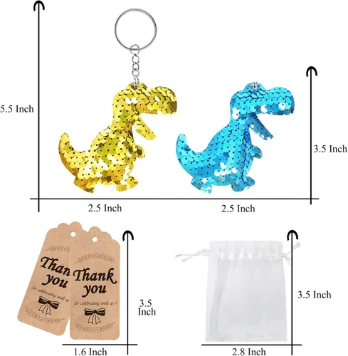 Vista 5 de CiciBear Paquete de 60 juegos de fiesta de dinosaurio de doble cubierta con lentejuelas con 20 llaveros, 20 etiquetas de agradecimiento y 20 bolsas