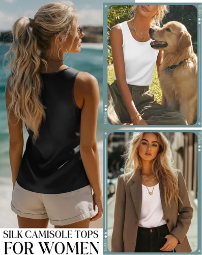 Vista 2 de Paquete de 3 camisetas sin mangas de seda para mujer, camisola de satén sin mangas, camiseta de trabajo elegante con cuello redondo, blusa de satén