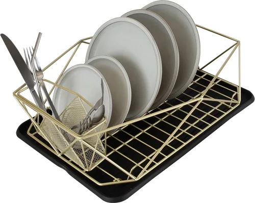 Vista 11 de Kitchen Details Geode Deluxe - Escurridor de platos con tabla de drenaje, cesta para cubiertos, soporte para utensilios, marco de hierro, cromado