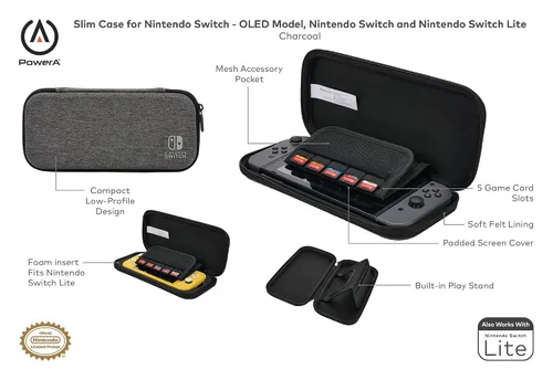 Vista 2 de PowerA Slim Case for Nintendo Switch - OLED Model, Nintendo Switch or Nintendo Switch Lite - Charcoal, Protective Case, Gaming Case, Console Case