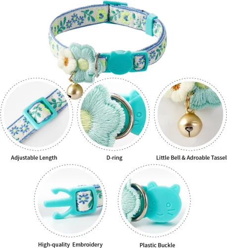 Vista 4 de Paquete de 2 collares de gato con bonito patrón colorido para gato, niño y niña, longitud ajustable con borla de campana, patrón tribal bohemio