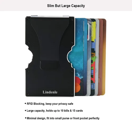 Vista 4 de Lindenle Cartera minimalista pequeña tarjetero delgado bolsillo frontal billetera RFID bloqueo dinero clip mujeres hombres, Negro -, Minimalista