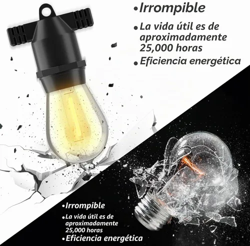 Vista 4 de Cadena de luces LED para exteriores de 27 pies, IP65 Impermeable, luces de cadena S14 inastillables para exteriores (máximo 918 pies) Bombillas