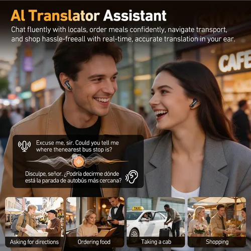 Vista 11 de NE72 - Auriculares de traducción AI en tiempo real, 165 idiomas traductor de auriculares, auriculares inalámbricos Bluetooth 6.0 con pantalla táctil