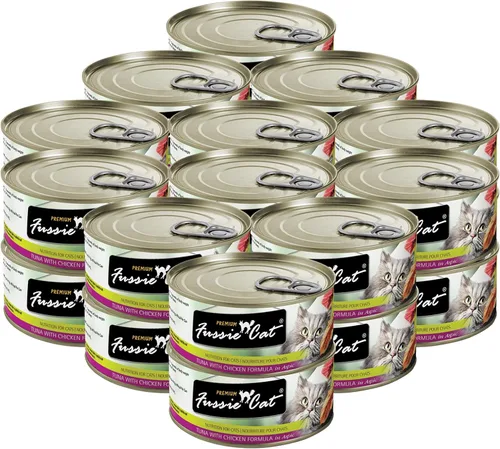 Vista 2 de Fussie Cat Comida húmeda prémium de atún con pollo en Aspic sin granos para gatos, latas de 2.82 onzas, caja de 24 latas de atún con pollo en Aspic)