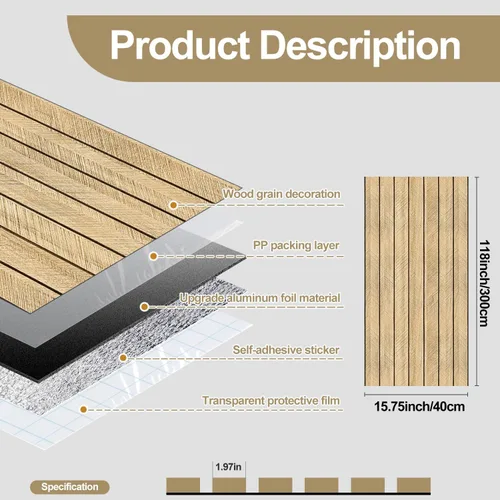 Vista 4 de Chejiaye Panel de pared 3D de listones de grano de madera, 15.75 x 118 pulgadas, adhesivo de pared autoadhesivo insonorizado, resistente a
