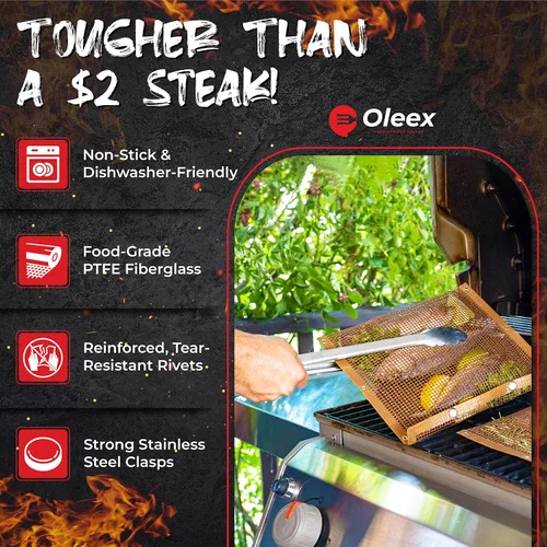 Vista 5 de Oleex - Bolsas antiadherentes grandes para parrilla, color cobre + cepillo para untar, malla de PTFE reutilizable para interiores y exteriores