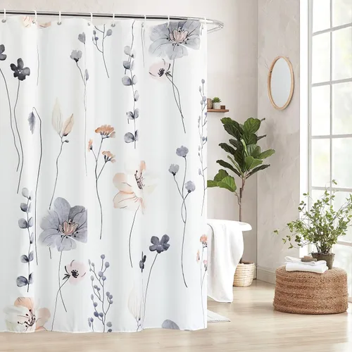 Vista 6 de Juego de cortinas de ducha – Cortina de baño floral con flores azules y beige, cortina de ducha para baño, juego de cortina de ducha de tela
