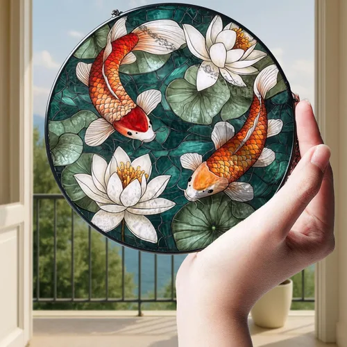 Vista 4 de Koi Pond Glass Suncatcher, Zen Inspired Window Decor Gift