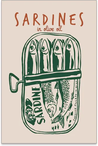 Vista 19 de Impresiones de Sardinas - Pósteres de pared de cocina de moda, diseño de rayas verdes, retro y moderna, estética de alimentos para el hogar