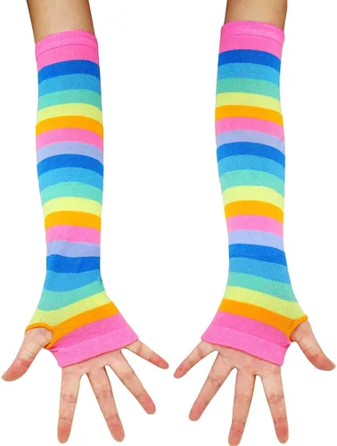 Vista 3 de YELAIVP Conjunto de calcetines altos hasta el muslo de arco iris por encima de la rodilla, accesorios de cosplay, calentadores de piernas para niñas