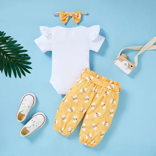 Vista 3 de Conjunto de ropa de abejorro con estampado de letras pantalones de miel y abejas con lazo diadema amarillo 2