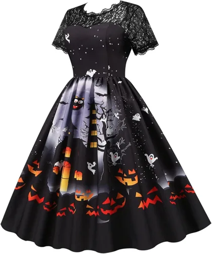 Vista 2 de Vestido de Halloween para mujer 2022 con cuello en V y manga corta con cremallera y panel de encaje