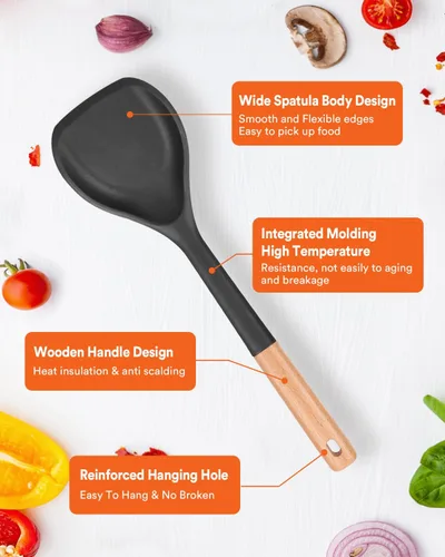 Vista 4 de Espátula de silicona antiadherente, borde flexible antiarañazos para sartenes, mango de madera cómodo antideslizante, resistente al calor, espátulas