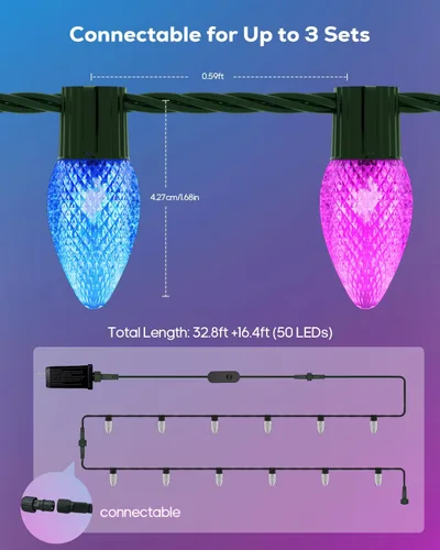 Vista 11 de Luces de Navidad Inteligentes, C9 RGB de 66 pies, 100 luces LED de fresa conectables, control remoto de aplicación, sincronización de música, luz