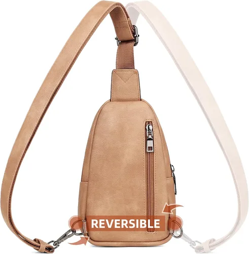 Vista 5 de MASINTOR Bolso bandolera pequeño para mujeres y hombres, cangurera cruzada de cuero vegano con múltiples compartimentos para uso diario, Camel