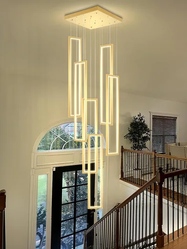 Vista 21 de Flashing God Candelabro moderno, candelabros cromados con 6 anillos LED, lámpara de techo alto más grande para sala de estar, lámpara rectangular