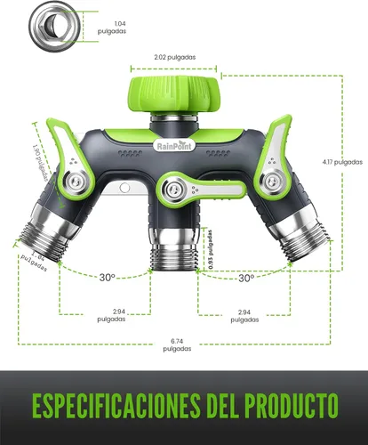 Vista 8 de RAINPOINT Divisor de manguera de 3 vías, divisor de manguera de jardín 100% metal resistente con mango extra largo de 1.9 pulgadas y apagado Verde