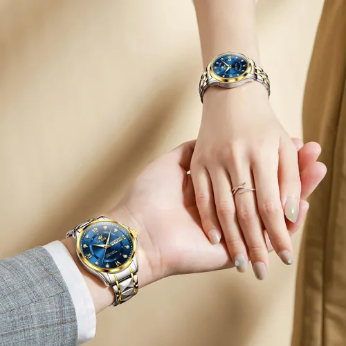 Vista 31 de OLEVS Reloj para parejas para él y ella, reloj analógico de cuarzo para hombres y mujeres, de acero inoxidable, impermeable, luminoso, fecha, reloj