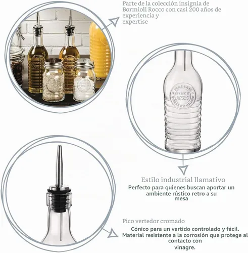 Vista 2 de Bormioli Rocco Officina 1825 - Botella con tapón para vertedor, diseño vintage en relieve, ideal para aceite y vinagre, 9 onzas, recipiente