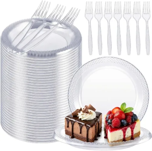 Vista 9 de Hushee 600 platos de postre de plástico negro de 6 pulgadas con tenedores de 7 pulgadas para aperitivo de pastel, 300 platos pequeños desechables
