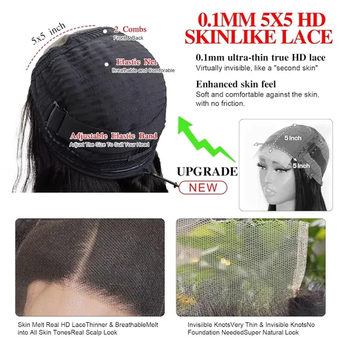 Vista 4 de Aaliweya Pelucas de cabello humano ondulado con cierre de encaje suizo real HD de 5 x 5 para mujer, densidad 15A, 200%, sin pegamento, con cordón