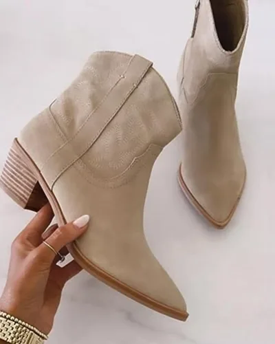 Vista 3 de Coutgo Botines vaqueros para mujer, estilo vaquero, con punta puntiaguda, tacón grueso, para fiesta