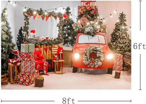Vista 3 de MEHOFOND Árbol de Navidad de invierno de 8 x 6 pies, regalo de automóvil rojo, guirnalda de pino verde claro, guirnalda de pino verde claro