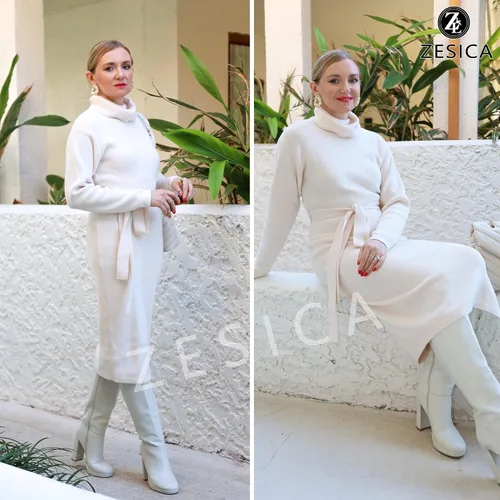 Vista 18 de ZESICA - Vestido por debajo de la rodilla de suéter, de cuello alto, para mujer, de manga larga, de punto acanalado, con abertura y cinturón