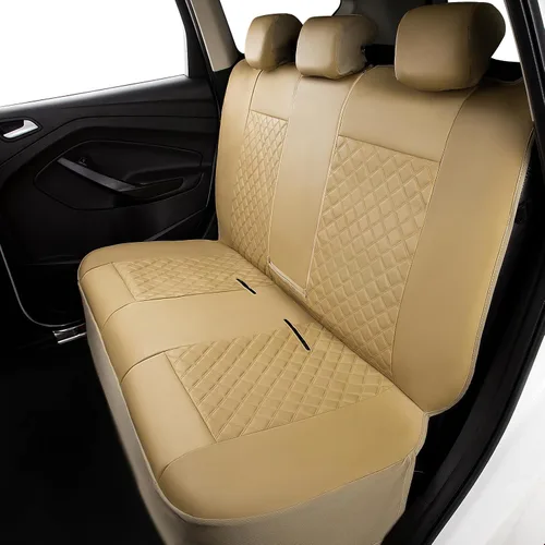 Vista 6 de Flying Banner - Fundas para asientos de coche, cuero sintético, resistentes, para banco trasero, juego completo, impermeables, ajuste universal Beige