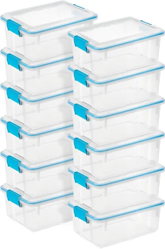 Vista 30 de Sterilite 19414306 - Caja de almacenamiento de plástico transparente de 7.5 cuartos y tapa con pestillos azules