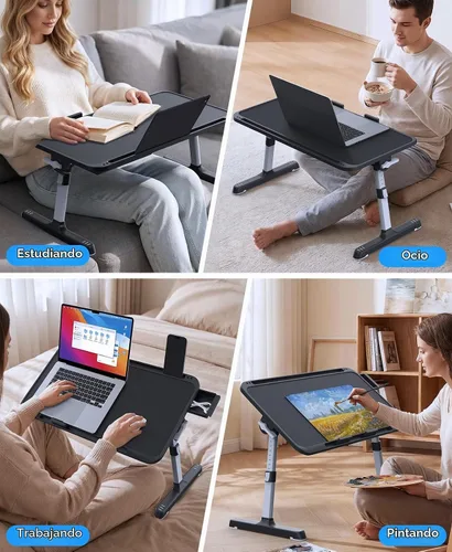 Vista 3 de HETTHI Bandeja de escritorio para cama de laptop, soporte ajustable y resistente para computadora portátil con materiales de primera calidad Negro