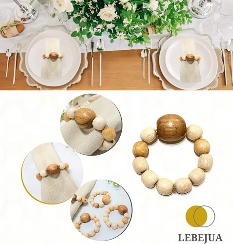 Vista 9 de Juego de 6 servilleteros de madera con cuentas de madera Servilleteros de madera rústica para decoración de mesa, hecho a mano, servilleta LEBEJUA